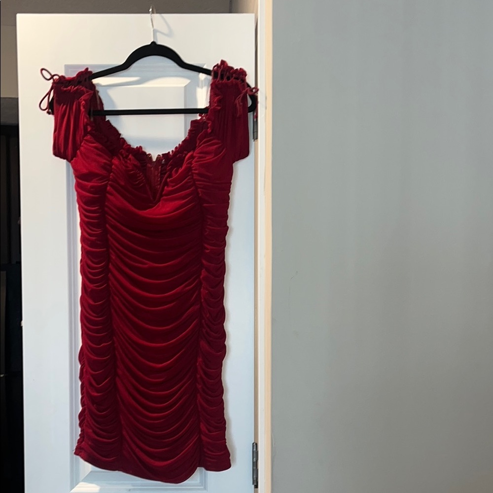 Fashion Nova Red Ruched Off-Shoulder Cocktail Mini Dress
